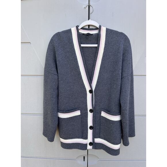 Maje Wool Varsity Cardigan Button Up Collegiate |Sz 1 US Small Grey Pink Preppy - Picture 2 of 15
